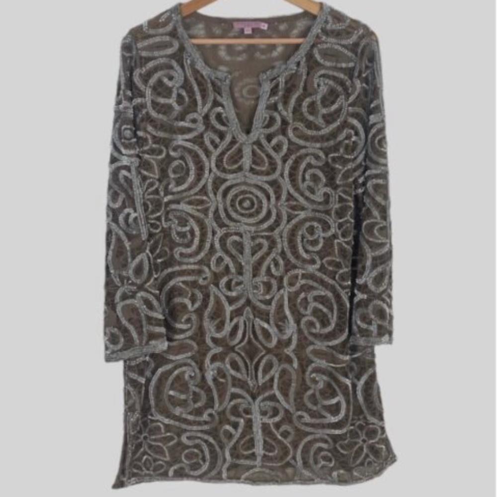 Calypso St. Barth Tan Lace and Sequins Long Sleeve Tunic Size Small